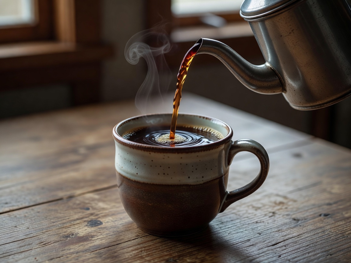 Authentic Finnish filter coffee poured into traditional ceramic mug on wooden rustic table