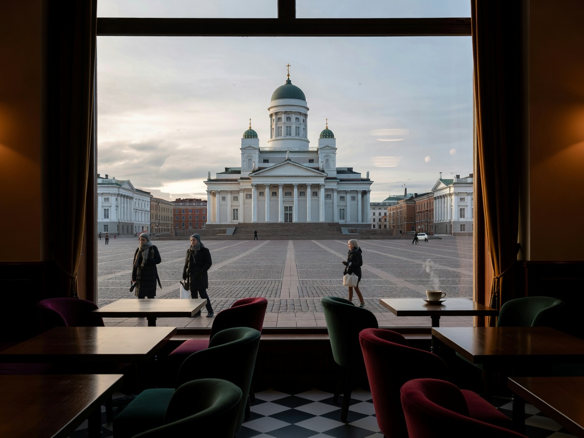 Café Engel view looking out toward Helsinki Cathedral on Senate Square