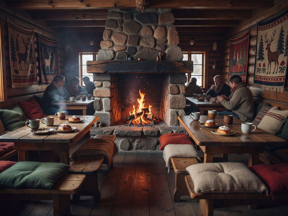 Cozy indoor fireplace atmosphere in traditional Finnish café