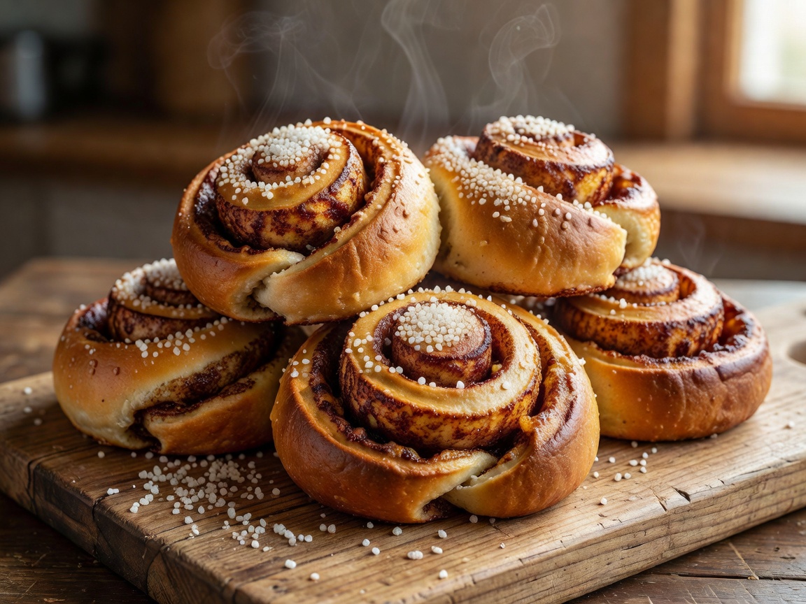 Fresh baked cinnamon buns Korvapuusti topped with pearl sugar on wooden board