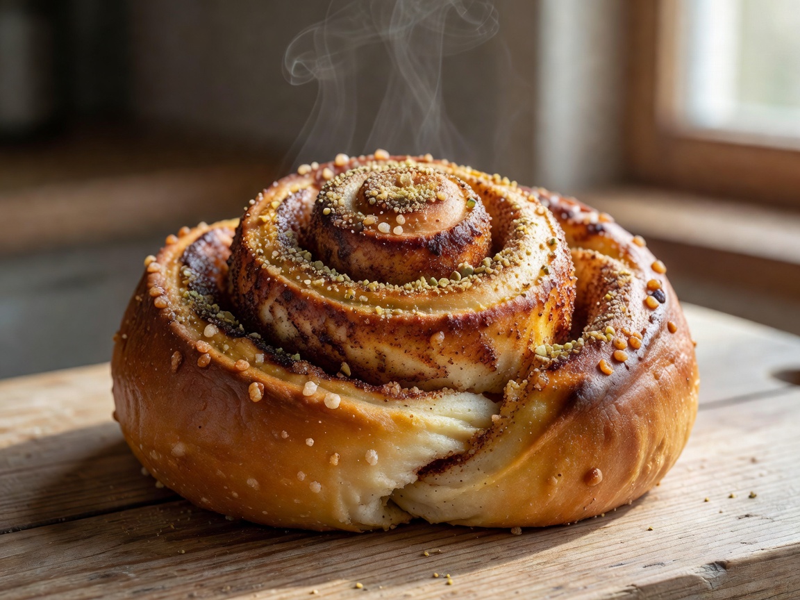 Freshly baked Finnish korvapuusti cinnamon bun dusted with cardamom and pearl sugar