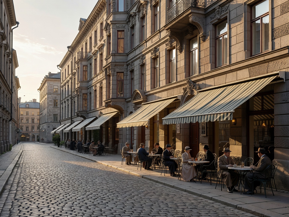 Historic street in Helsinki with classic stone buildings and cafe awnings