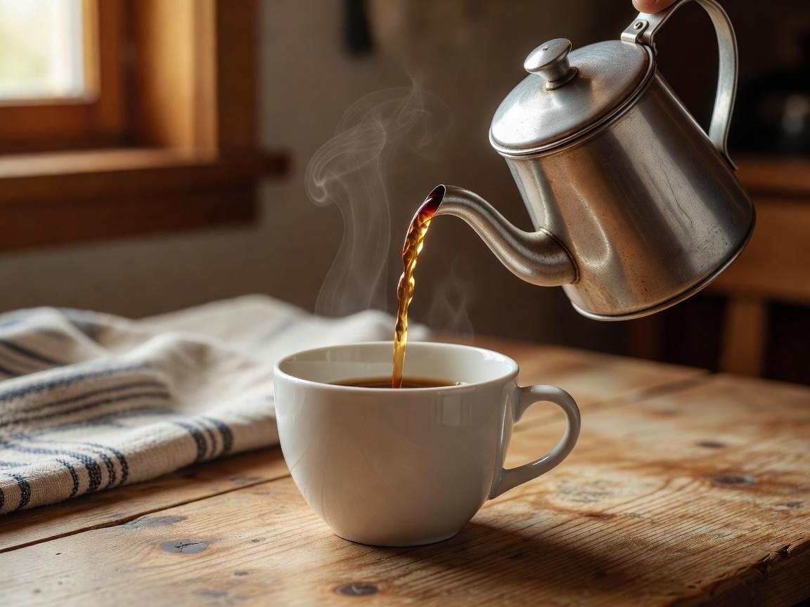 Hot light roast coffee pouring into white cup in traditional Finnish style