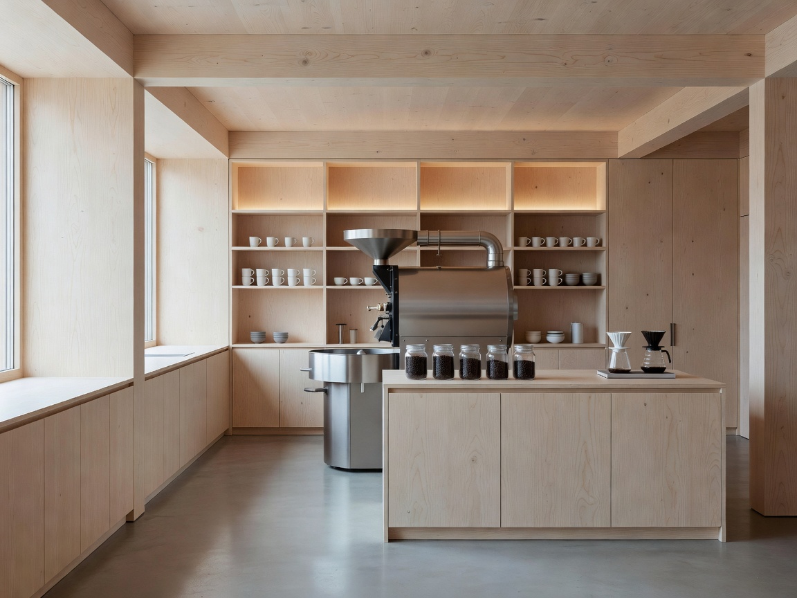 Modern Nordic coffee roastery setting with minimalist wooden aesthetic